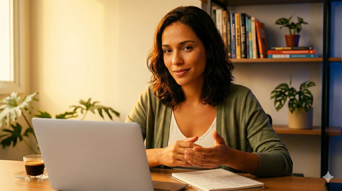 Profissional sorrindo em home office com notebook